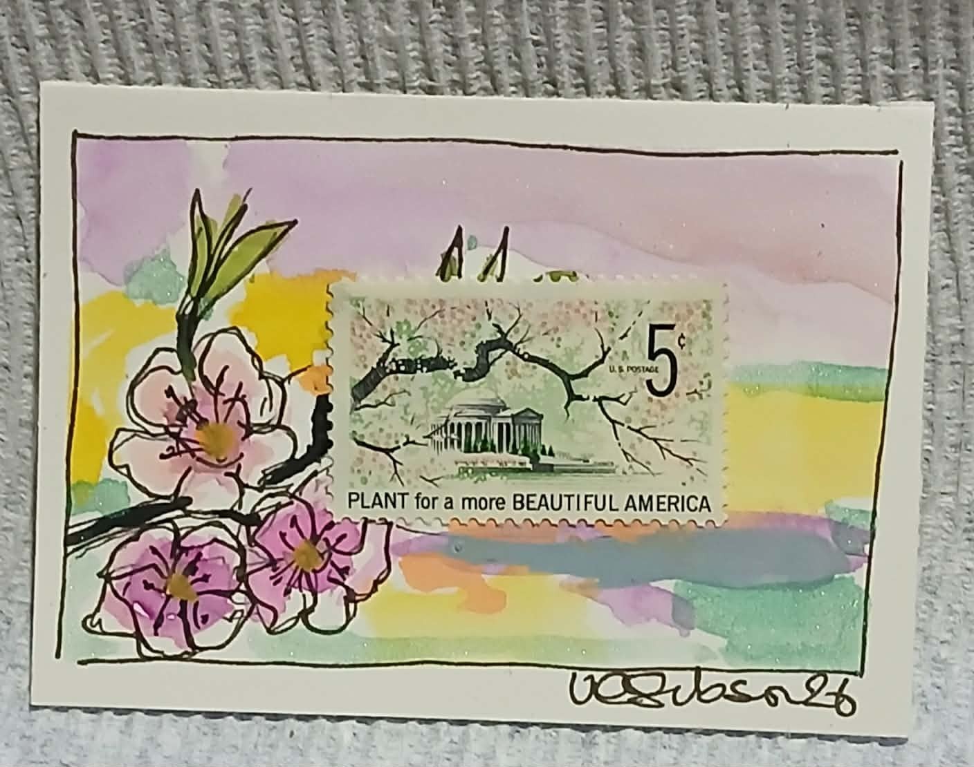 Postal Whimsy 5¢ Beautiful America Cherry Blossoms • OOAK Loose Watercolor ACEO