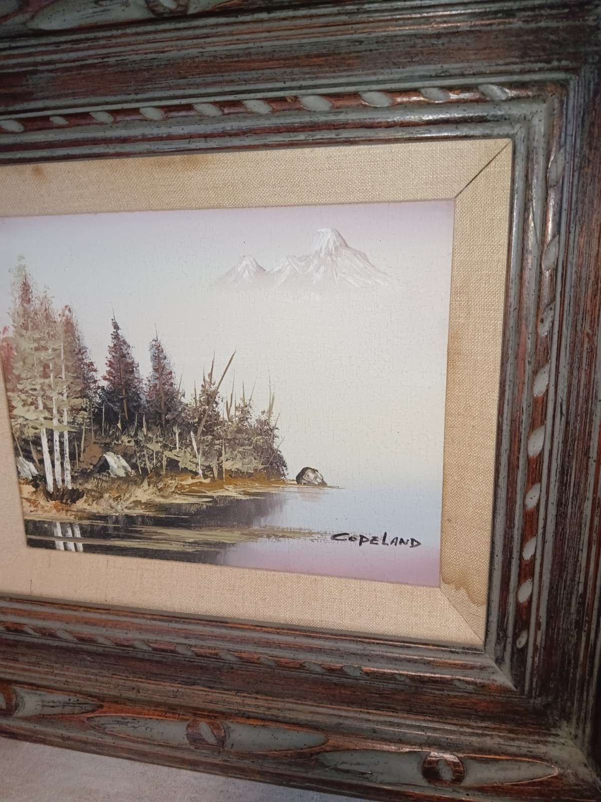 Vintage Hand-Painted Mountain Lake Landscape Oil Painting on Canvas Wood Frame