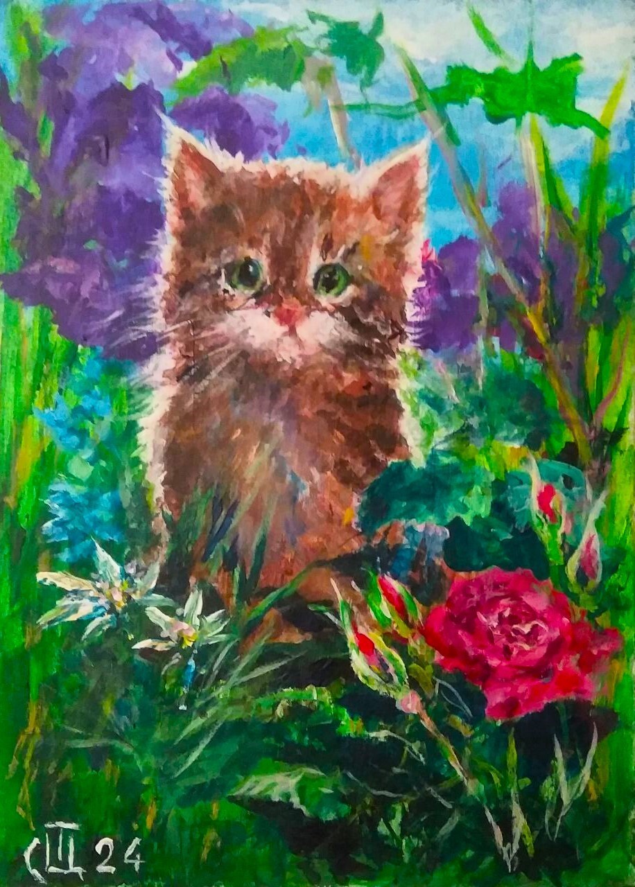 Painting «Kitten». Acrylic on cardboard. 5×7 inc. Handmade. 2024. Unframed.