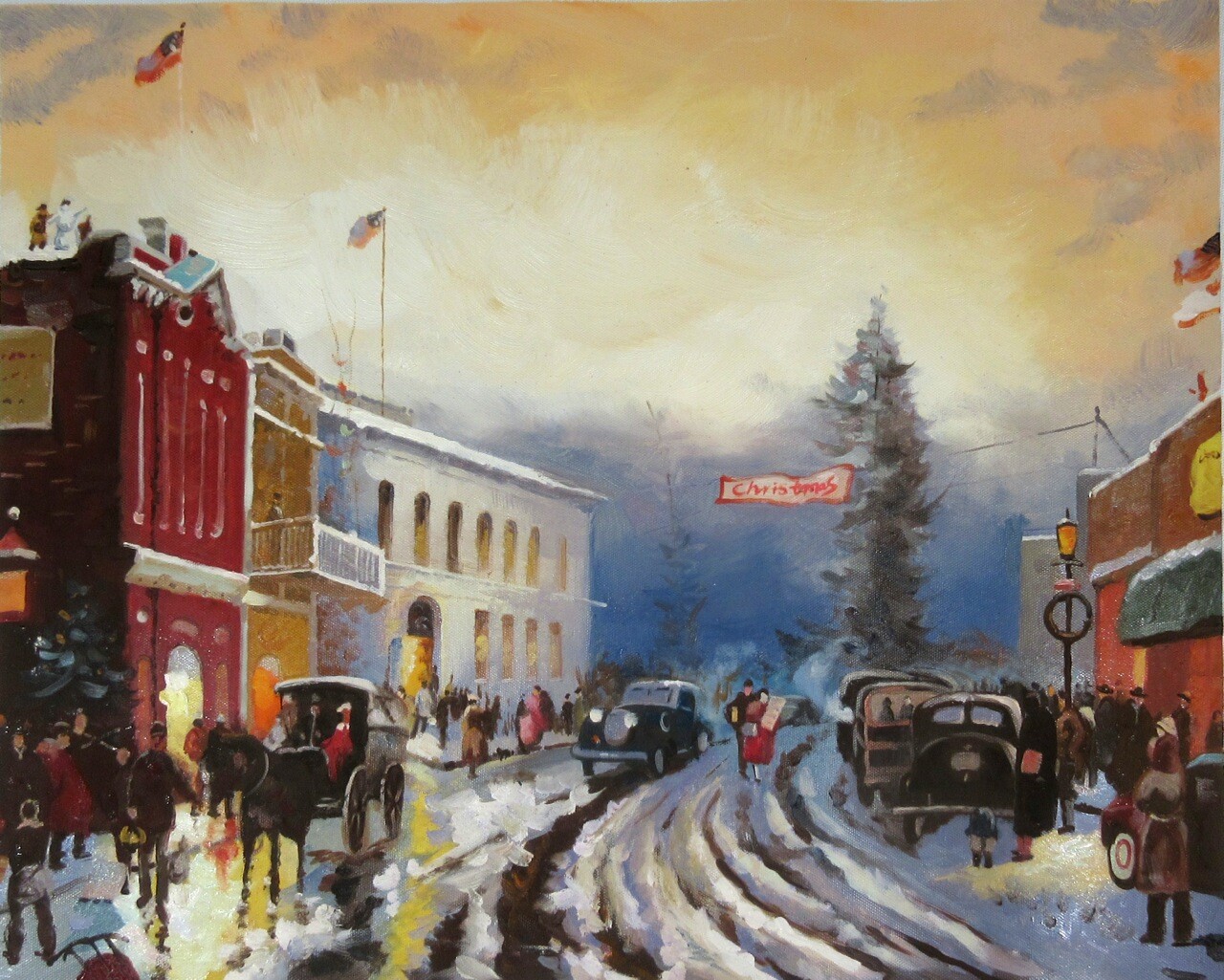 Oil Painting on Canvas, Snow Landscape, Christmas Eve, Village