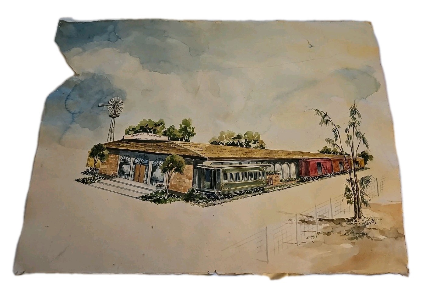 1976 B Wyeth Cordelia Junction Watercolor Fairfield CA Train Cars Arches 30×22.5