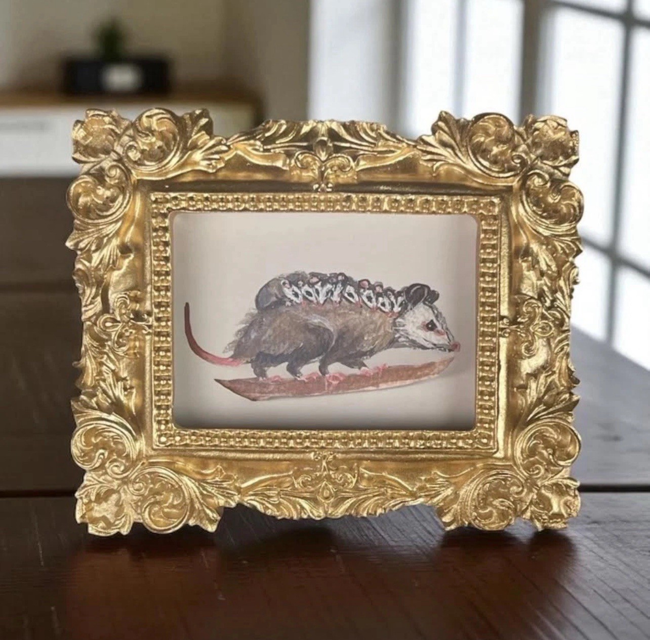 Opossum Family mini art watercolor print in gold vintage style ornate frame