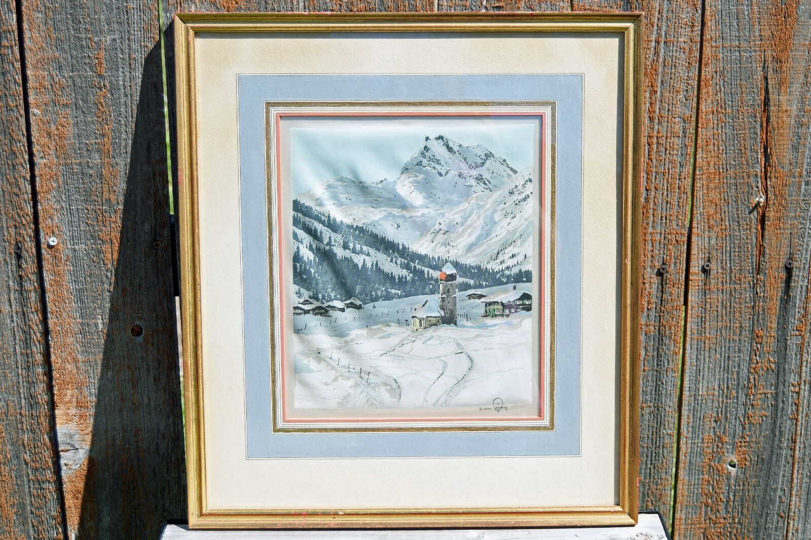 Original 1950s Hans Figura Signed Aquatint Etching Silk Austrian Alps Chalet
