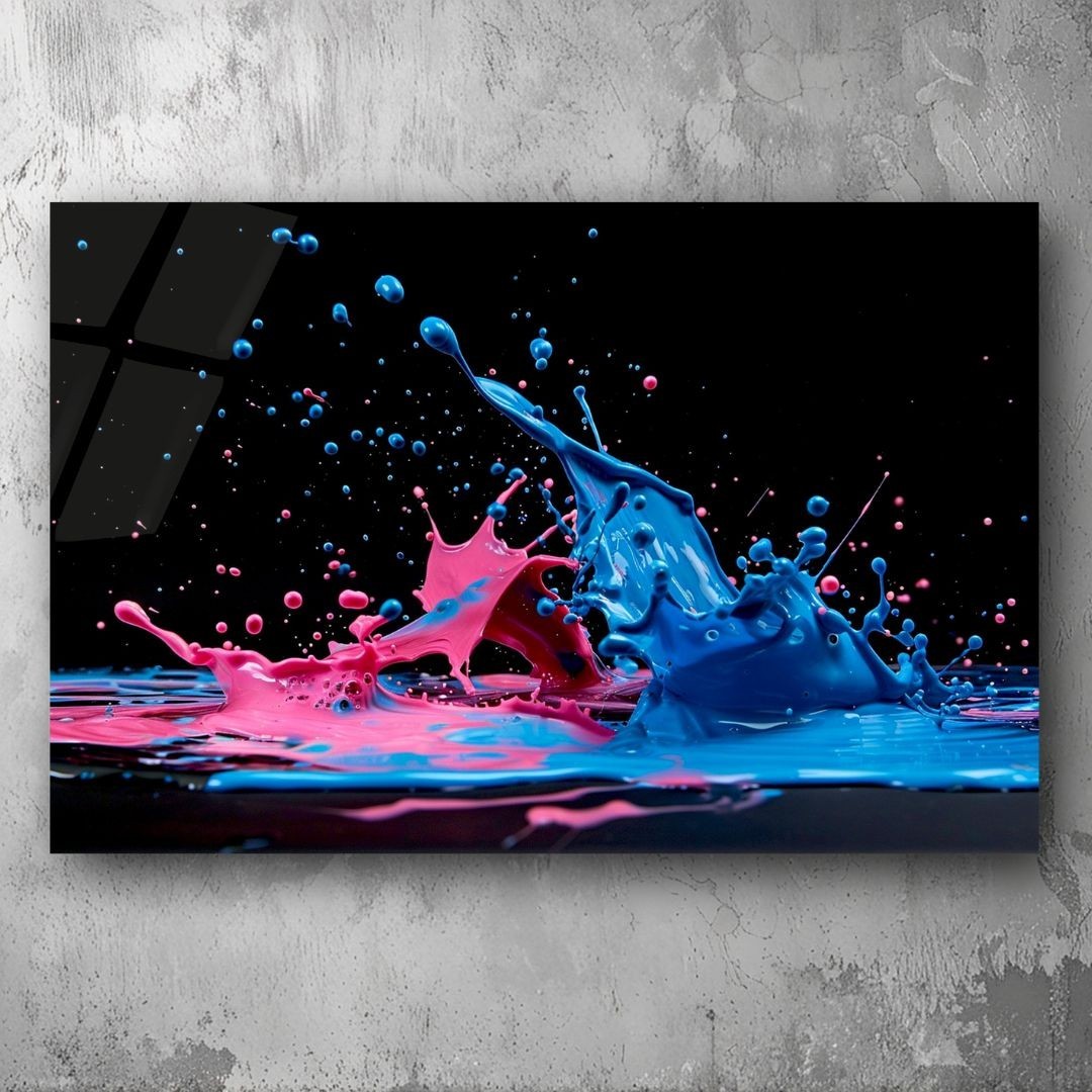 3D Painting Blue&Pink Paint Splash Art UV Printed Acrylic Glass Wall Decor