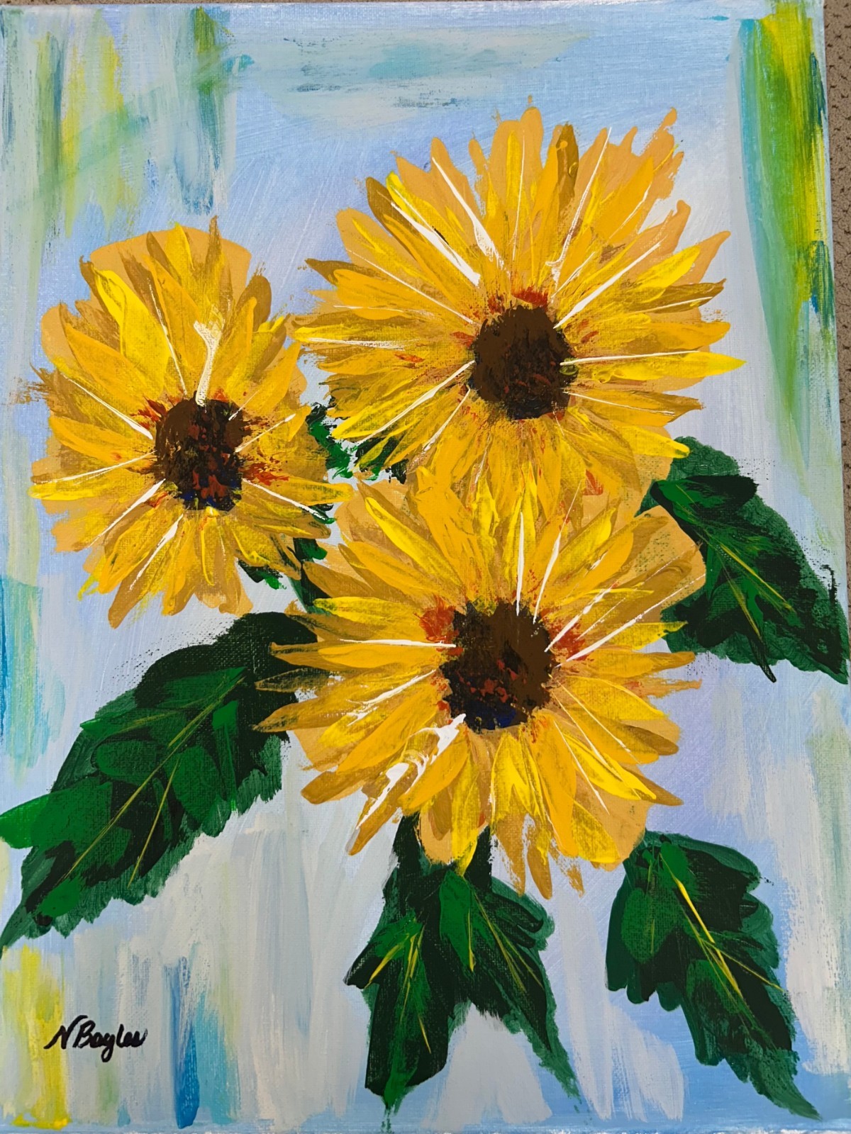 Original Signed 12×16 Impressionist Sunflower Acrylic Canvas Wall Art Green Blue
