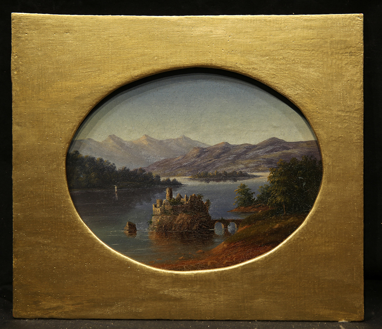 Antique 19 Century Oval Painting Landscape Seen Castle Lake Mountain