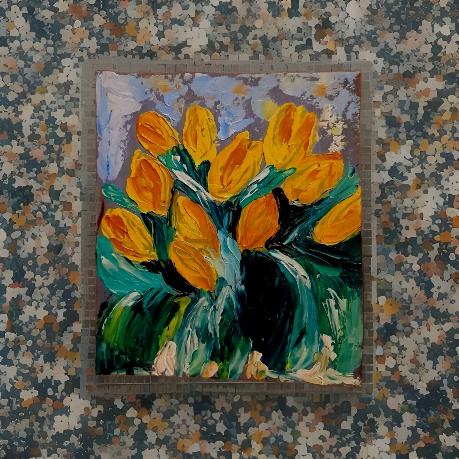 Original Oil Painting Tulips Impasto Yellow Bouquet Wall Art Flowers Art