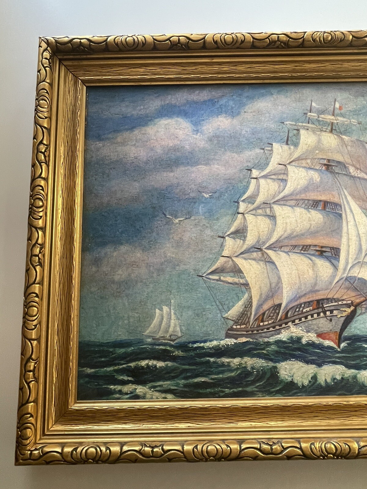 Antique Nautical Painting Seascape American Lighthouse Landscape Coastal Ship