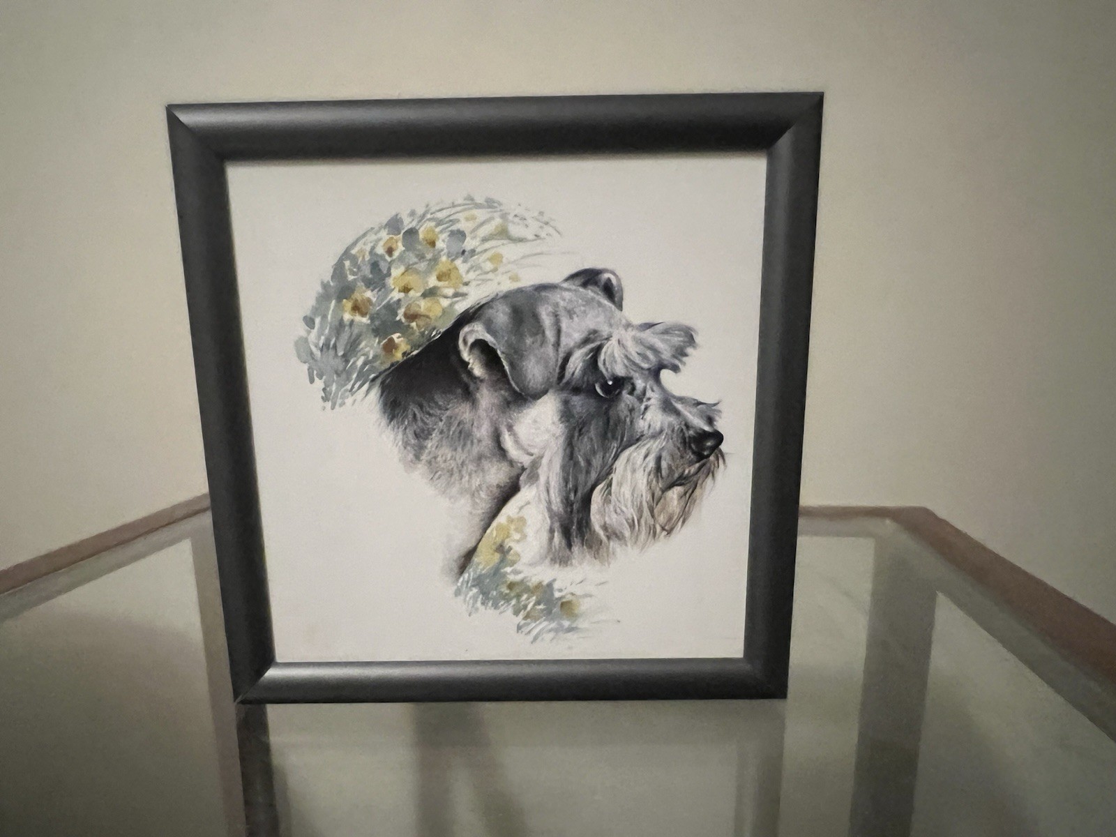 Framed Schnauzer Dog Artwork Realistic Pet Portrait Pewter Frame