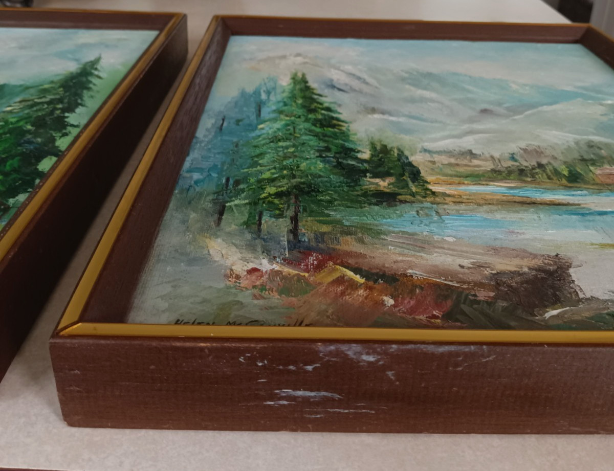 Vintage Original Oil Paintings Mountain Lake Cabin Landscape 1980 Signed Pair