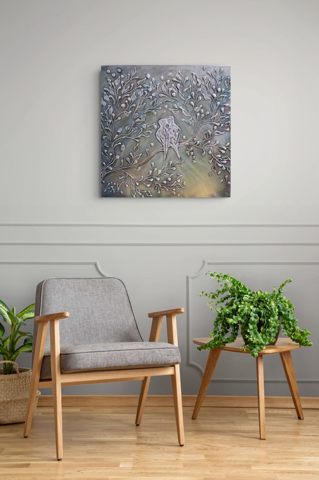 Always Together Love Birds Collage Painting 20×20 Textured Wall Art