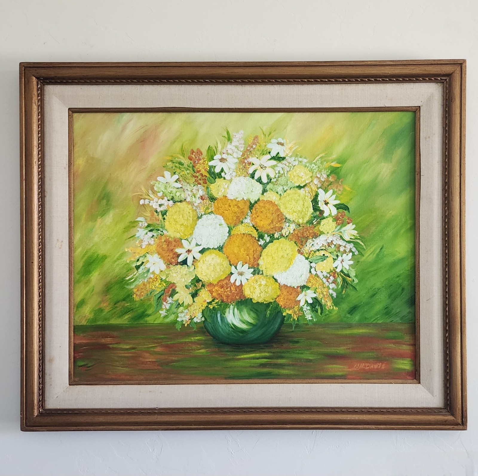 Vintage MCM O H Davis Signed Floral Oil Painting Mums Still Life Framed 35×29