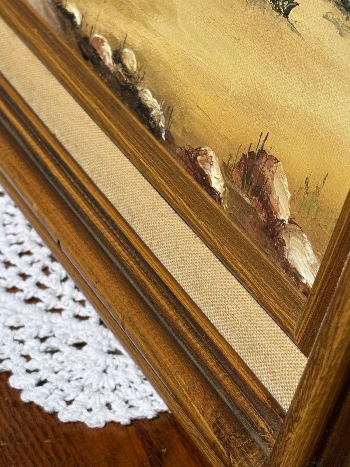 Vtg Mountain Landscape Oil Painting Rustic Cabin Decor Wood Frame Linen Lined