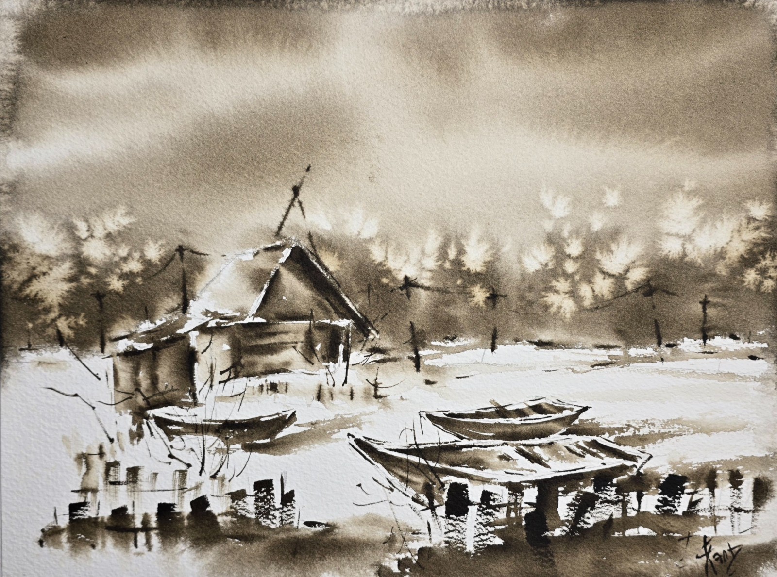 Original Watercolor Triptych Winter Wall Art, Monochrome Village Snow Landscape