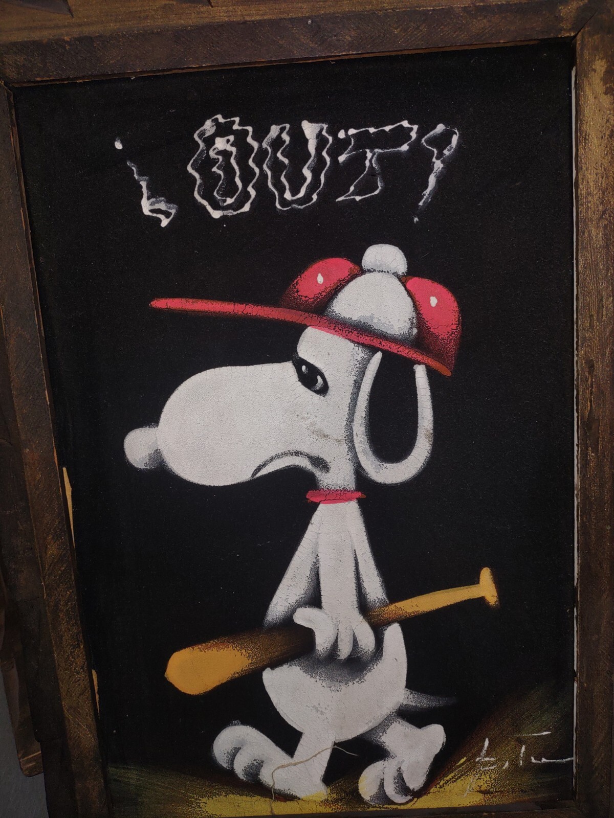 Vintage 70s Charlie Brown Snoopy Baseball Velvet Oil Painting Canvas