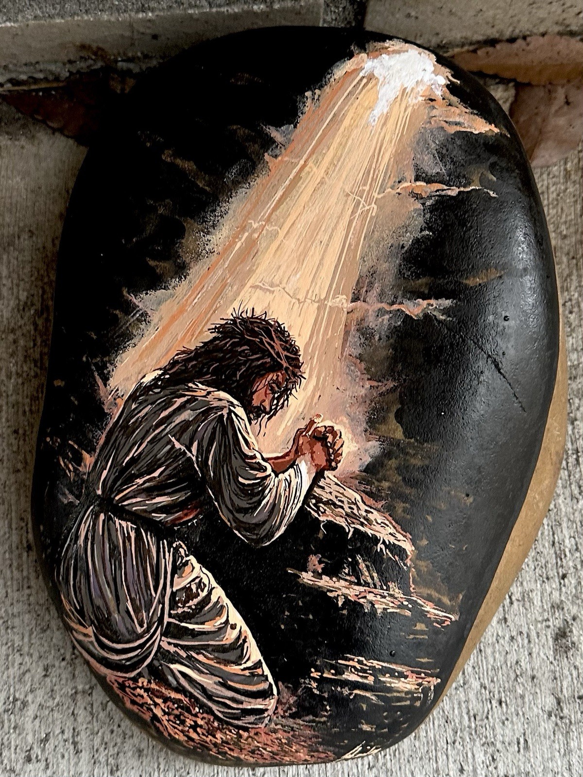 Jesus Art Hand Painted On A Large Rock In Acrylic Stunning! Approx 8.5 X 6X 2.5