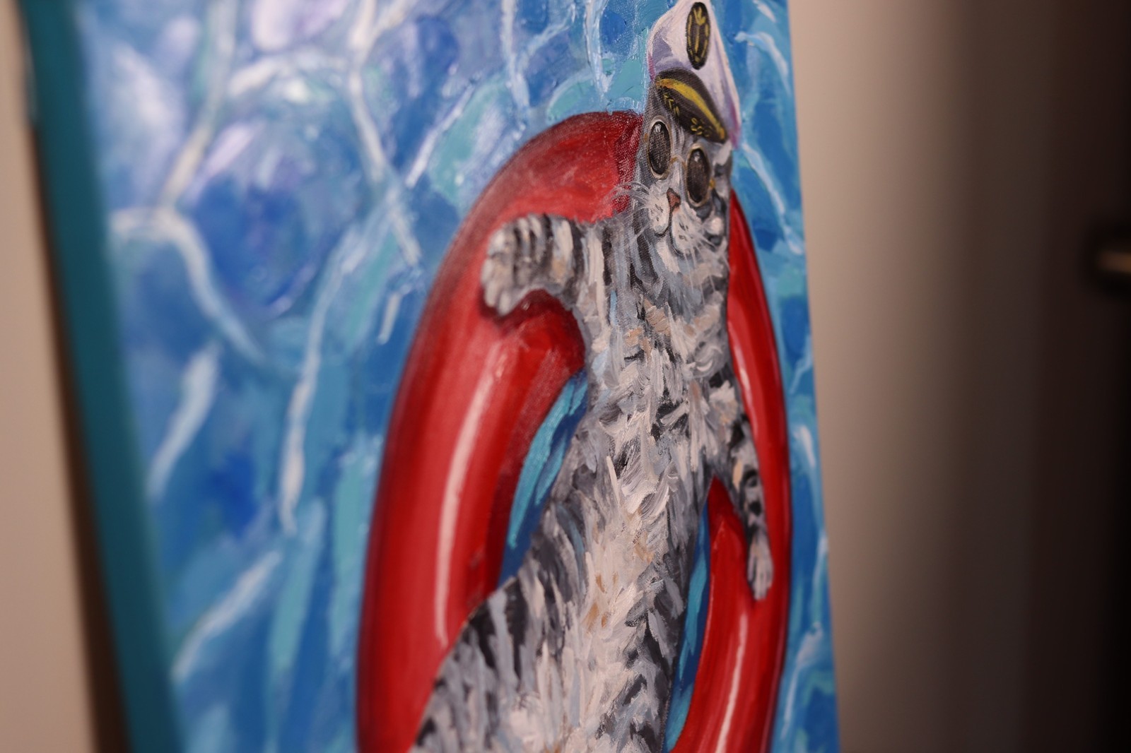 Nautical Original oil Tabby Cat Captain in Pool Float – Funny Pet Wall Art 20×20