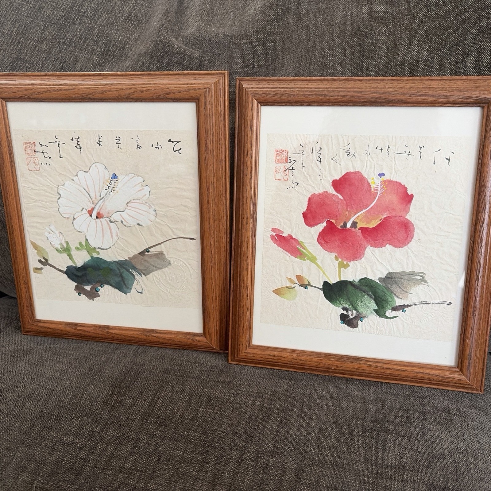 2 Signed Original Chinese Traditional Watercolors Hibiscus John H Chen Stamped