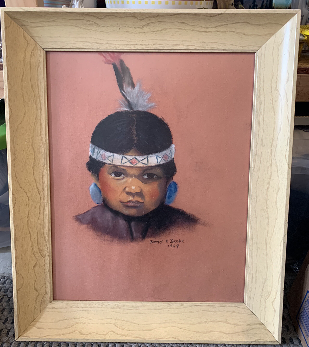 Vintage Navajo Pastel/Oil Painting Young Native American Girl Framed and Signed