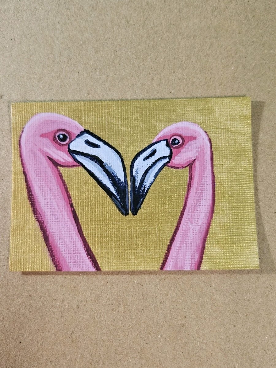 ACEO Flamingos Kissing Mini Painting Original Bird w Gold Artwork Acrylic Signed
