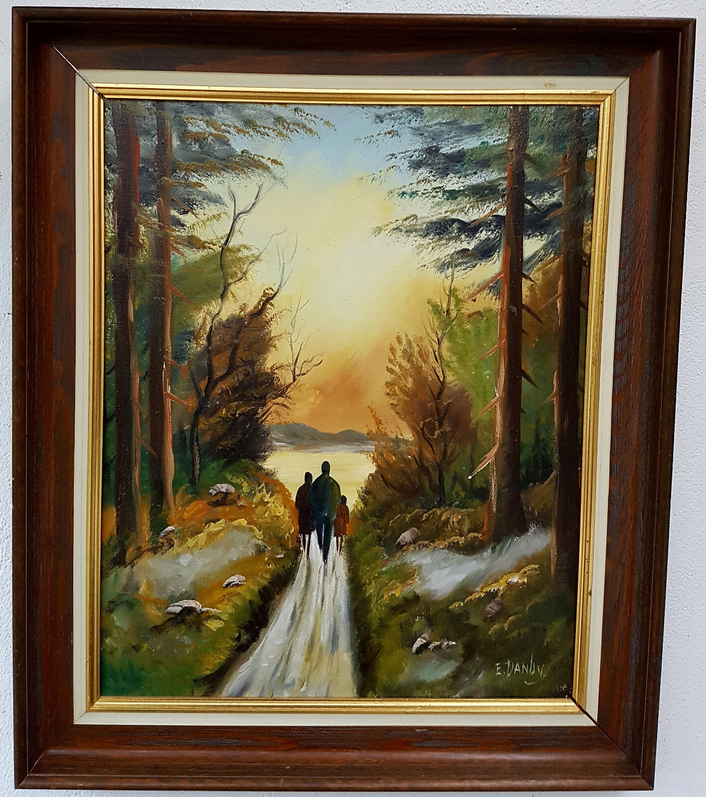 No: 6 Oil Painting Artwork Frame Landscape Forest Lake Sunset People