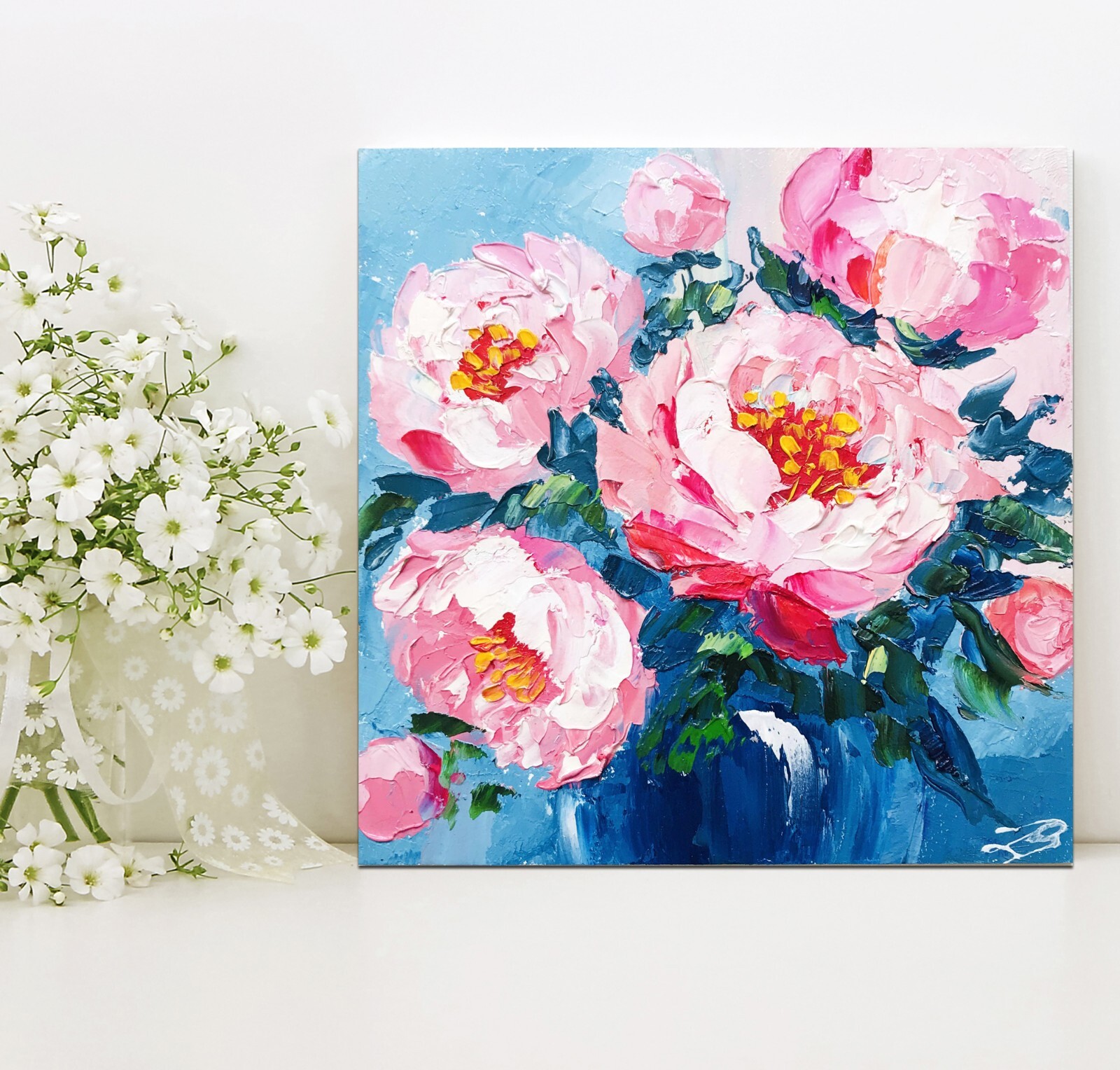 Original Art Peony Painting Flower in vase Book Shelf Decor, Wall Art 6 x 6″
