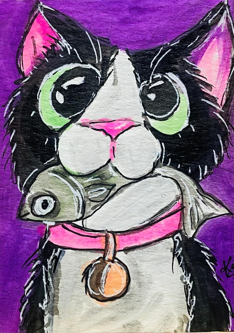 ACEO Black White Cat with Fish Acrylic Painting Whimsical fun Art card NEW OOAK