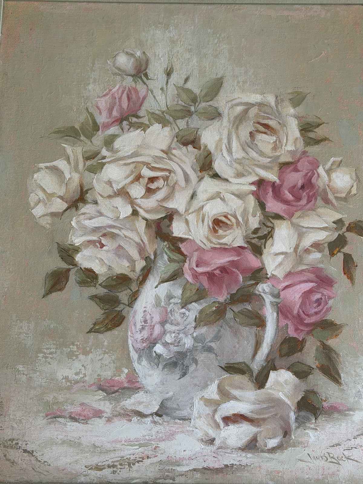 SHABBY CHIC ROSES IMPRESSIONIST Original Oil Signed LISTED Artist James E Buck