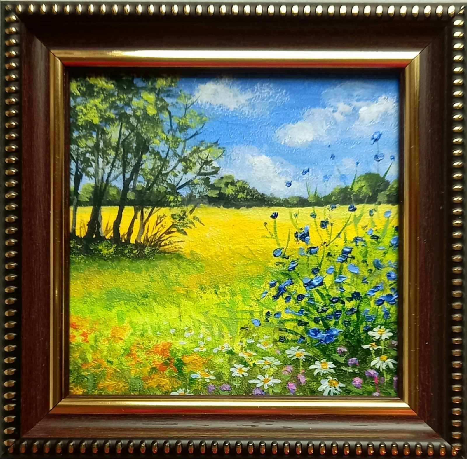 Original Oil Painting Summer Landscape Field Wildflowers Framed Art 4 x 4 in
