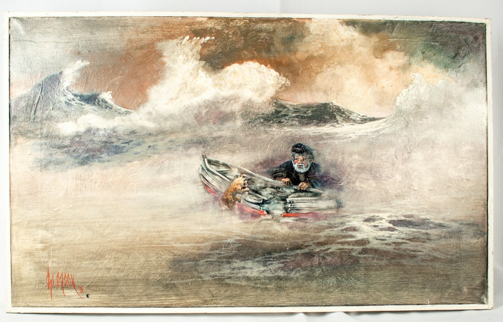 Grandpa Vintage Old Man his Dog Against Ocean Scene Oil Painting 27″W x 16.25″ L