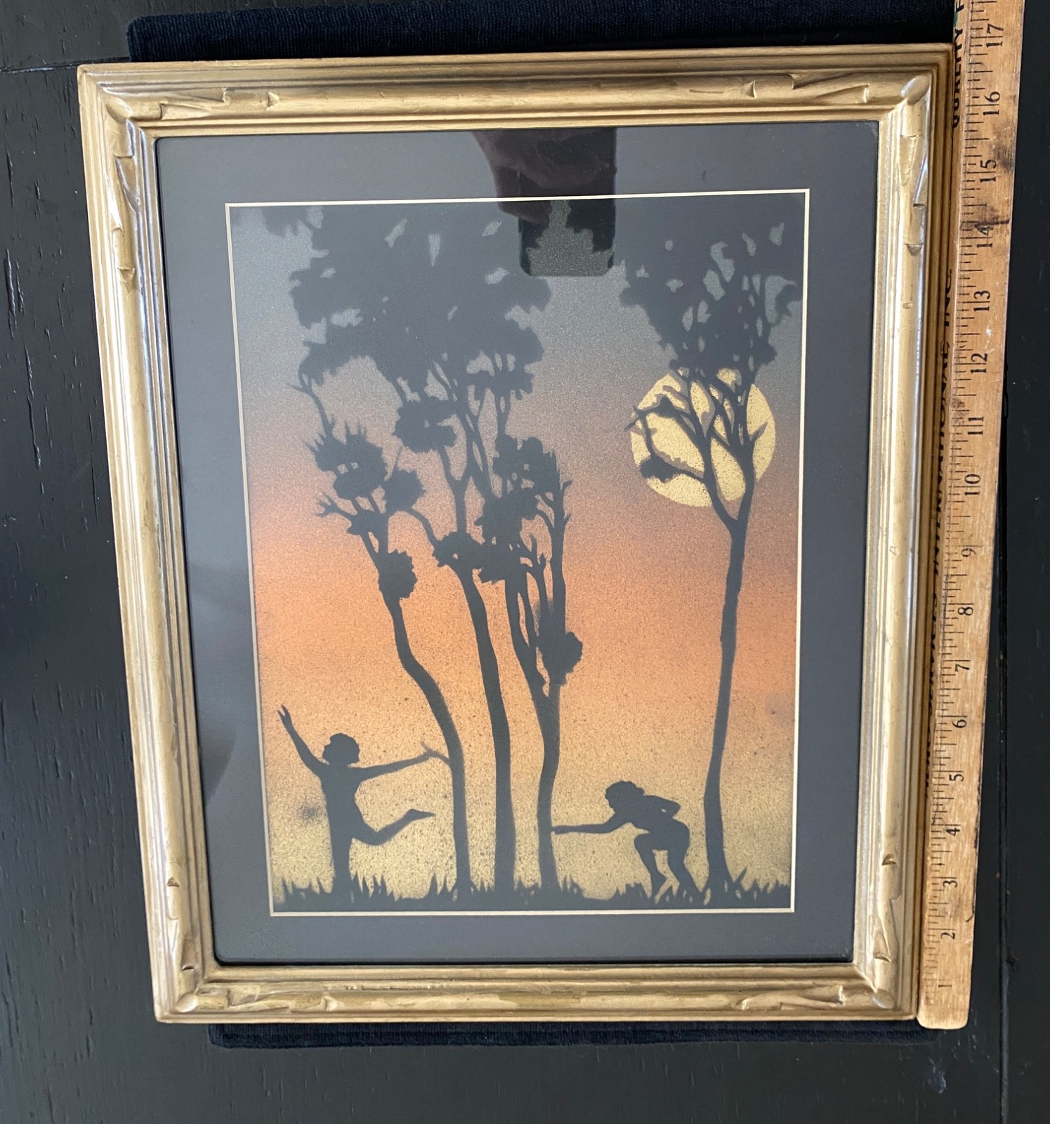 VTG Framed Art Reverse Paint Silhouette Figures Sunset Scene Trees Moon