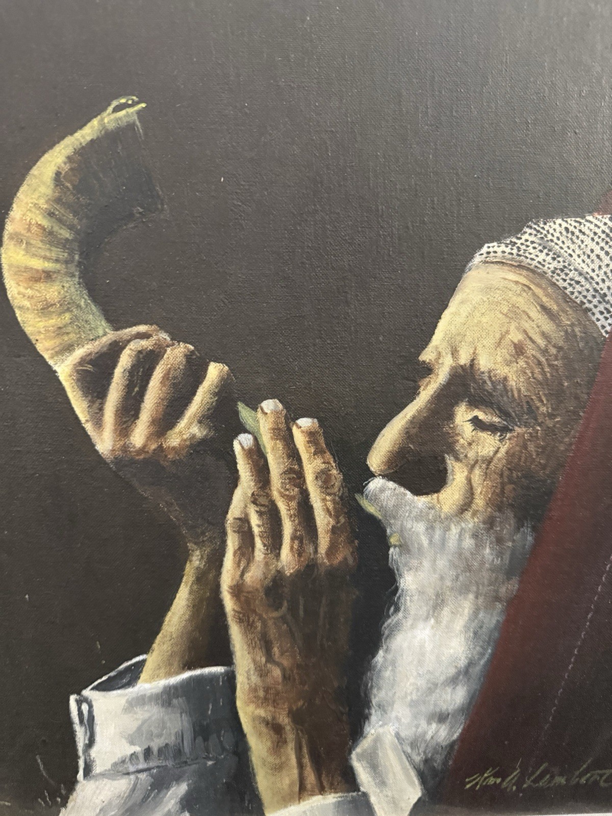 Signed Wm. A. Lambert Original Oil Painting Jewish Rabbi Blowing Shofar Judaica