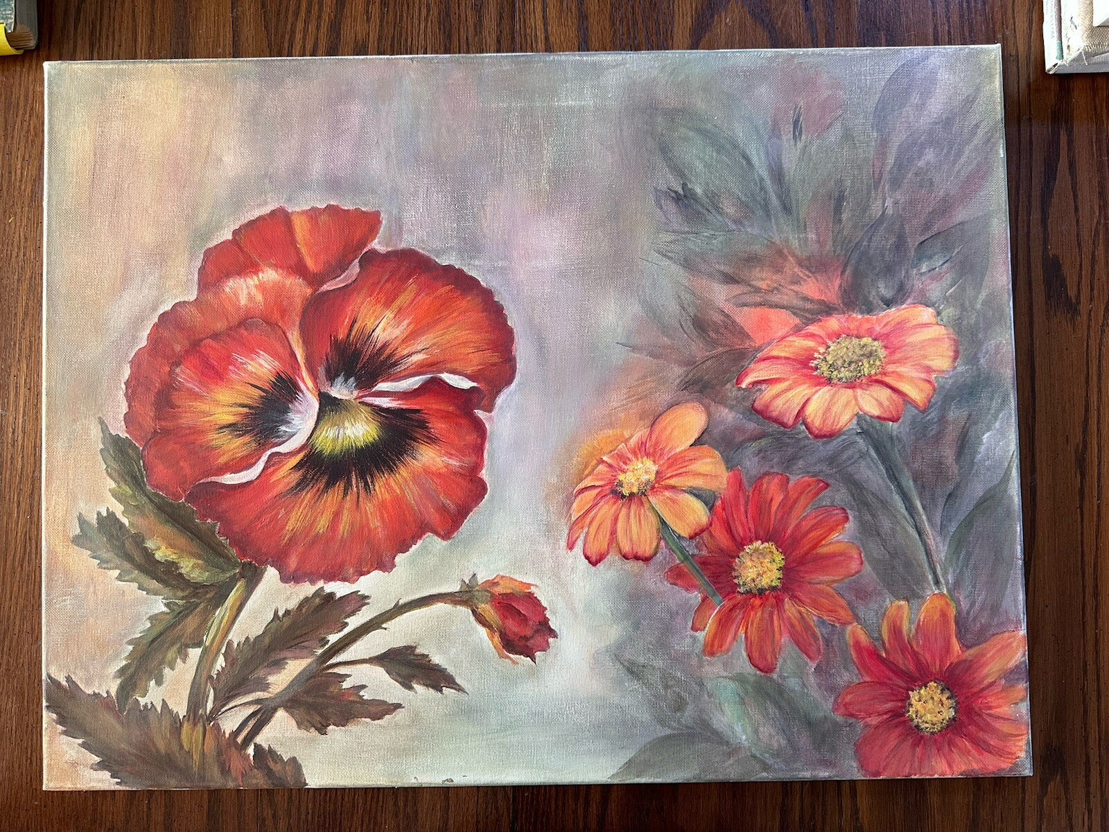 SIGNED Pansy Daisy Flowers FloralOil Painting On Canvas By ETTA IZZI 2010 24×18”