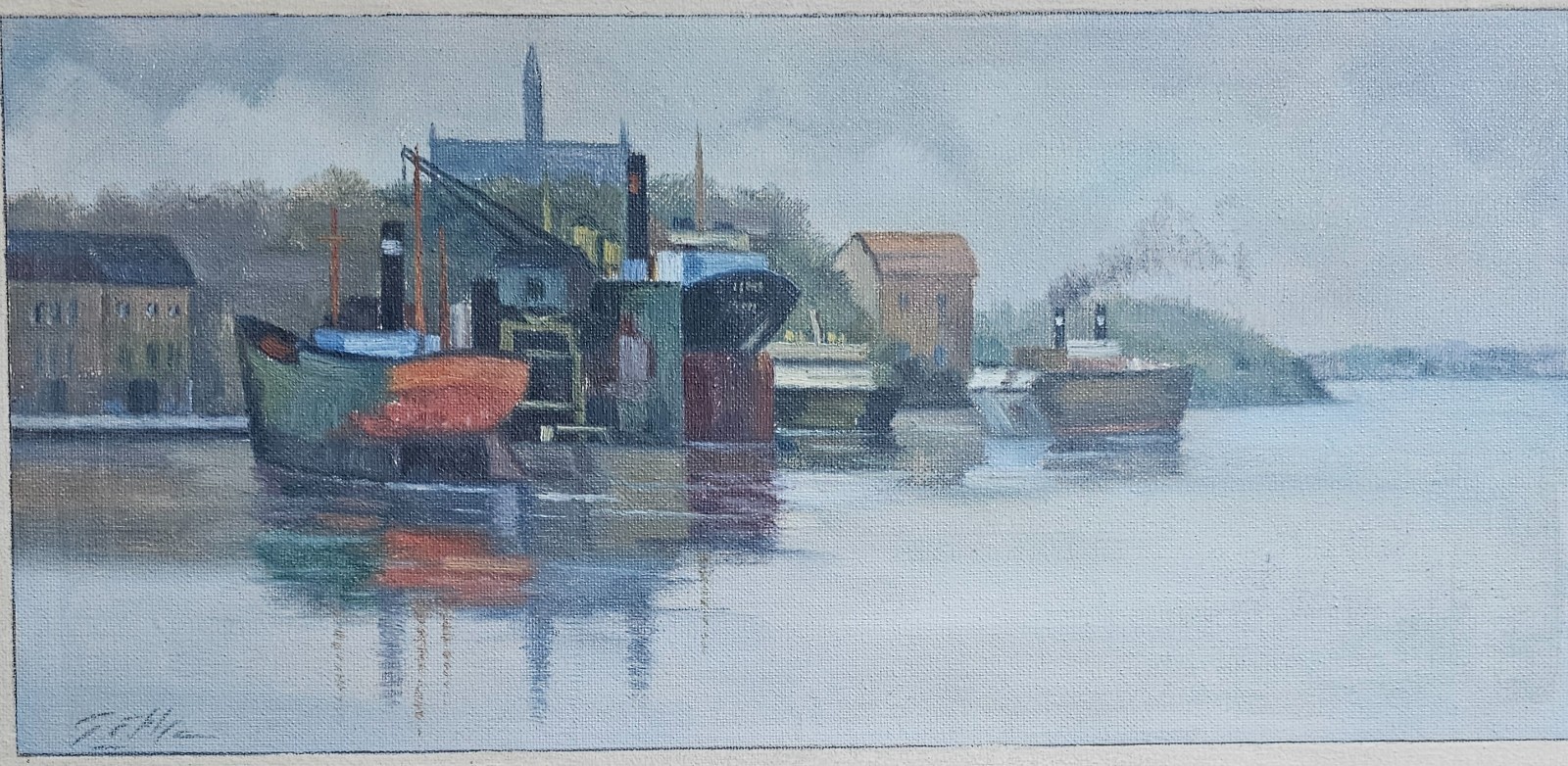 SCANDINAVIAN HARBOUR SCENE OIL PAINTING NORDIC ATMOSPHERIC COASTAL LANDSCAPE