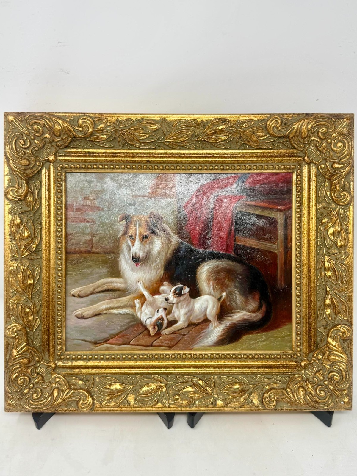 Vintage Trio Hunting Dog Oil Painting – Framed 12×14