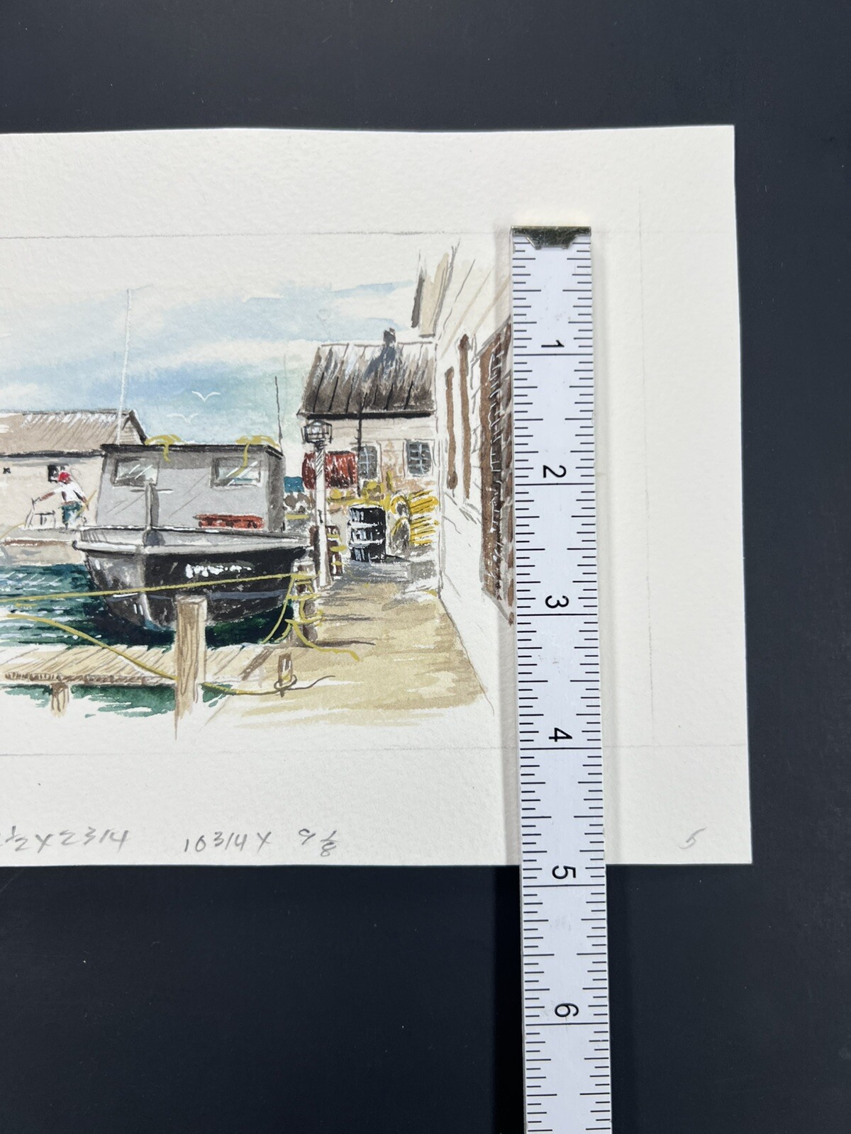 Watercolor Painting Fishing Boat Unloading Catch At Harbor 4×6″ Fine Art Davel