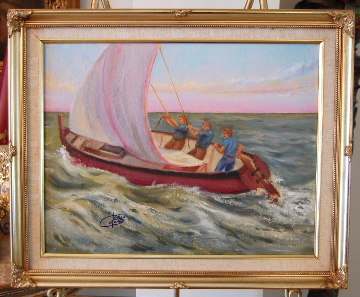 VTG 1990’S FRAMED SIGNED GLORIA OYANES ORIGINAL OIL FULL SAIL SAILING SEASCAPE