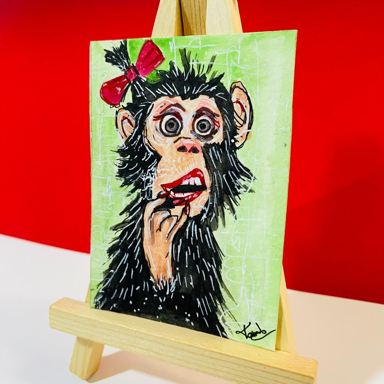 ACEO Funny Lady Monkey Lipstick Whimsical Expression Acrylic Painting Art Card