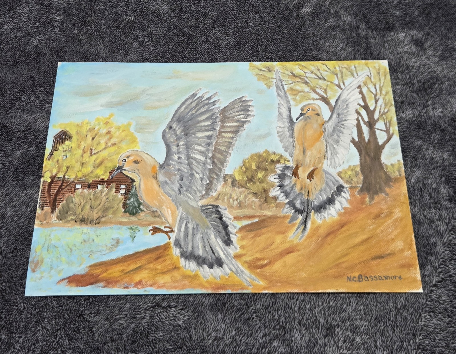 Vintage Mourning Doves Bird Painting Artwork Signed 9×12″