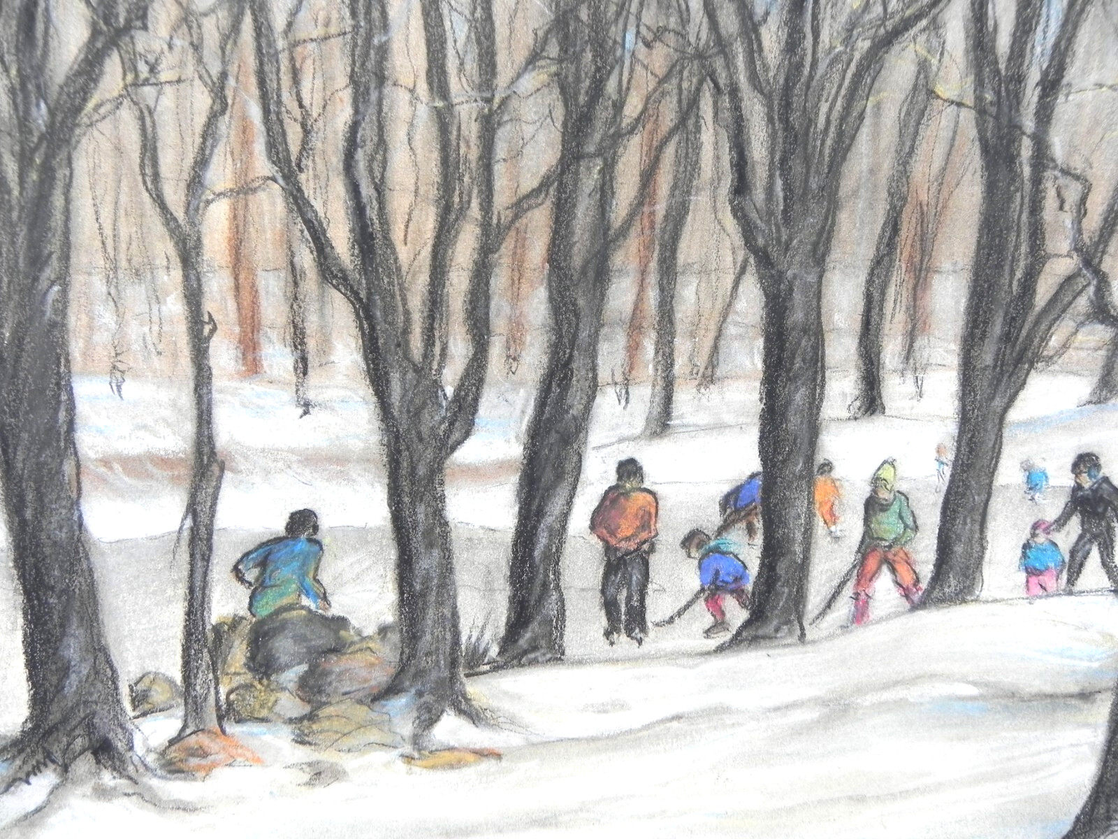 Pastel painting 1965 hockey players on the ice in a park setting signed Garelik