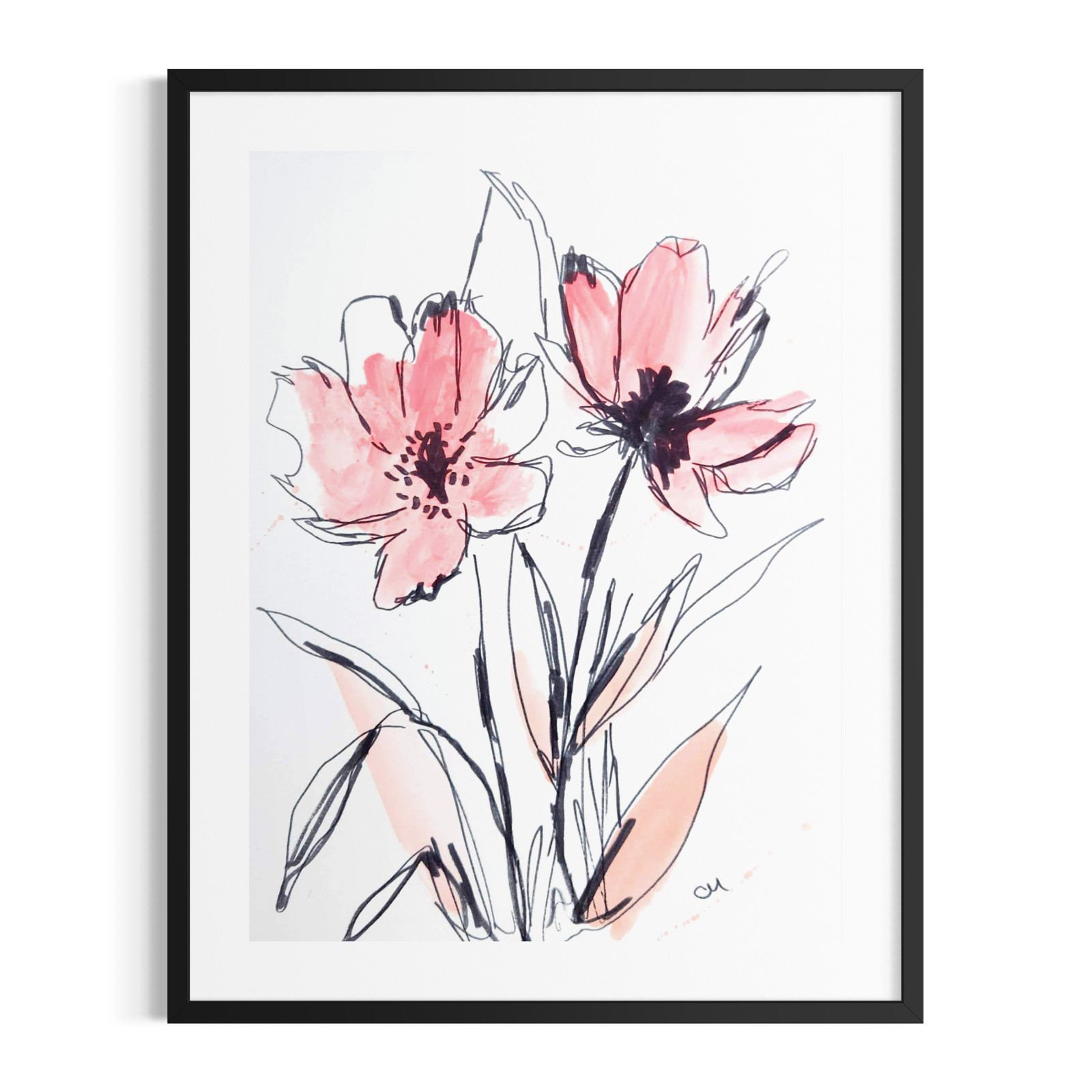 Fine Art Abstract Acrylic 9×12 Floral Pink Paper Black White Modern Wall Art