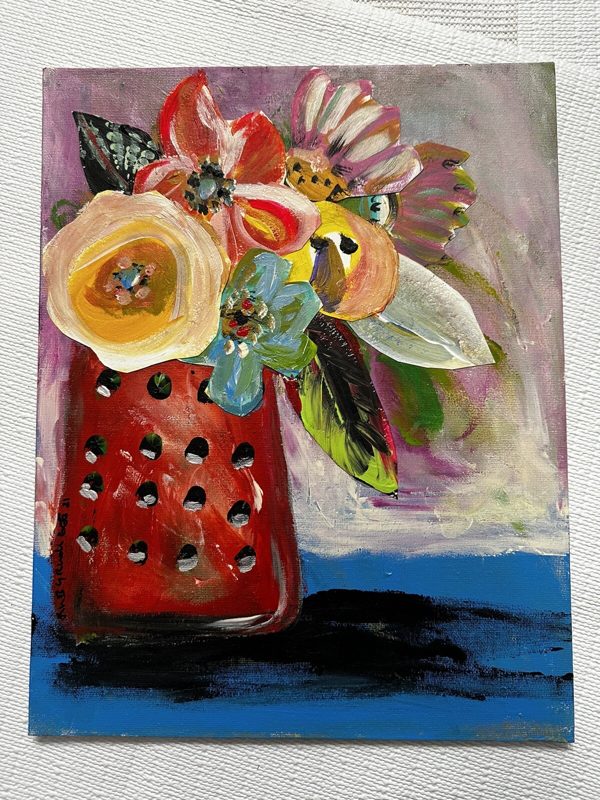 Art Hand Painted Artwork Hand Made Paper Collage Flowers On Board OOAK Signed