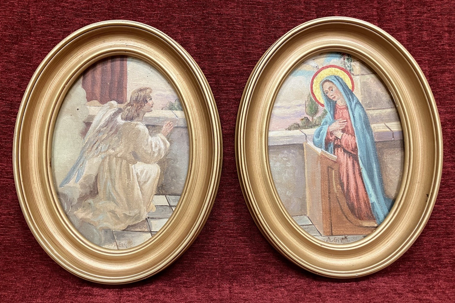Pr Antique Vtg Religious Paintings Virgin Mary & Angel Signed frm Catholic Order