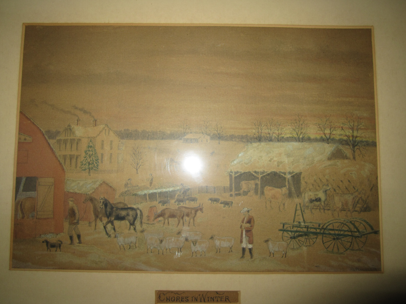 Antique framed art, Chores In Winter – painting / drawing signed Penfield, 1897