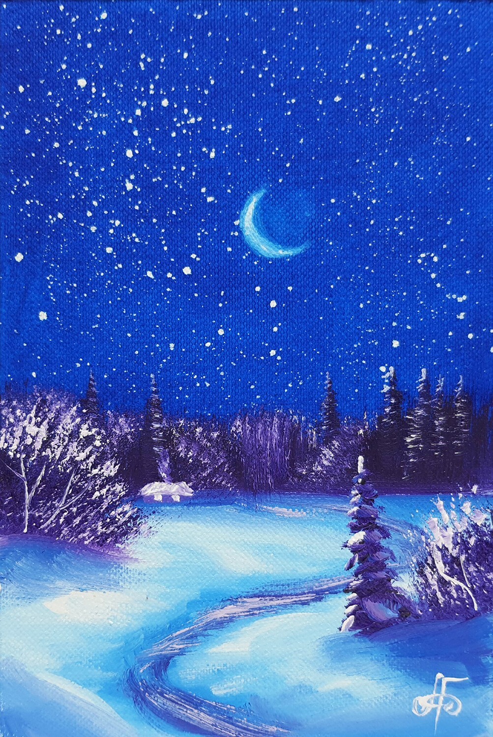 Winter Night Dream Snow Painting Cabin Lights Moon Stars Trees Path Wall Decor