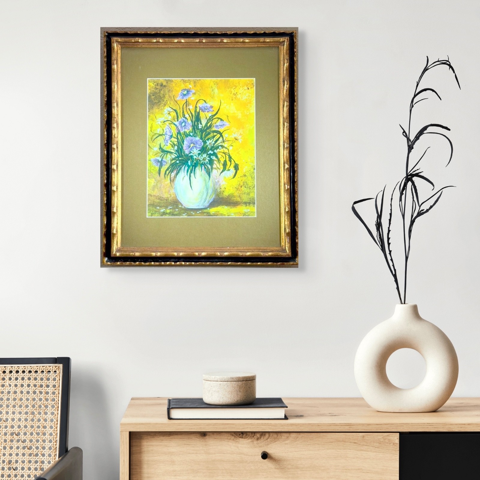 Gold Framed Oil Pastel Yellow, Purple & White Floral Vase Still Life
