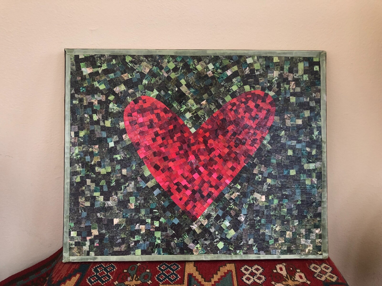 Unknown Amateur Artist Collage Art on Canvas of a Heart Painting OOAK Original