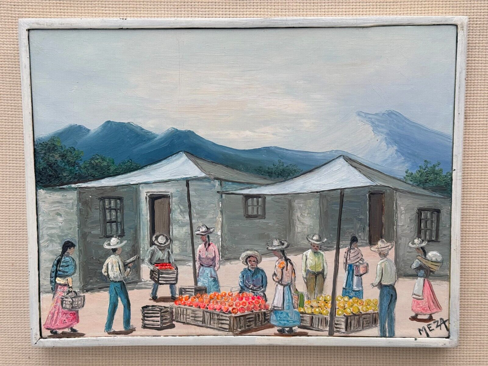 MEZA SIGNED OIL PAINTING SPANISH MARKET STREET VENDORS SOUTH AMERICAN ANDES ART