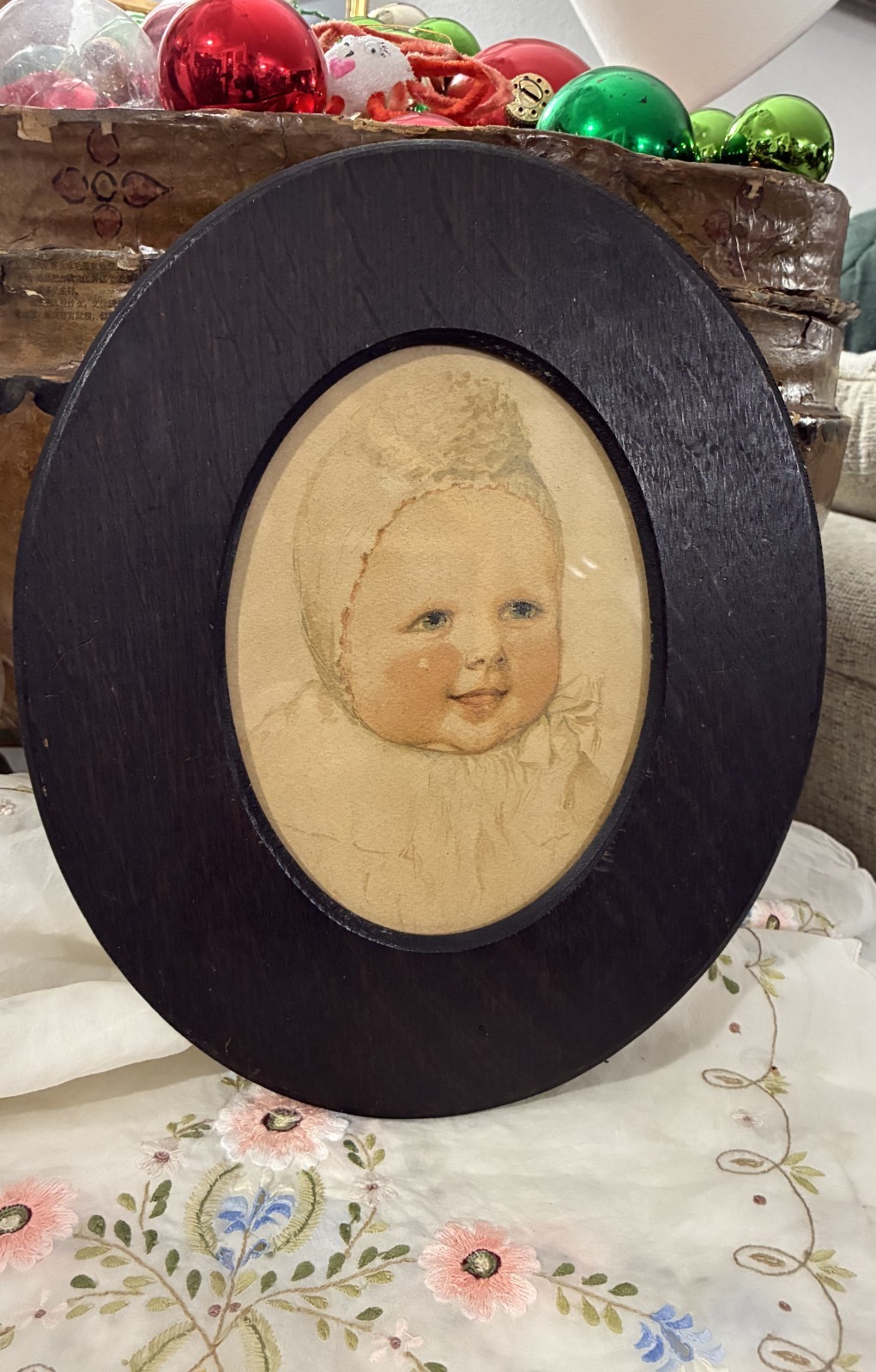 c. 1900’s BABY Christening day antique water color painting in oval wood frame~
