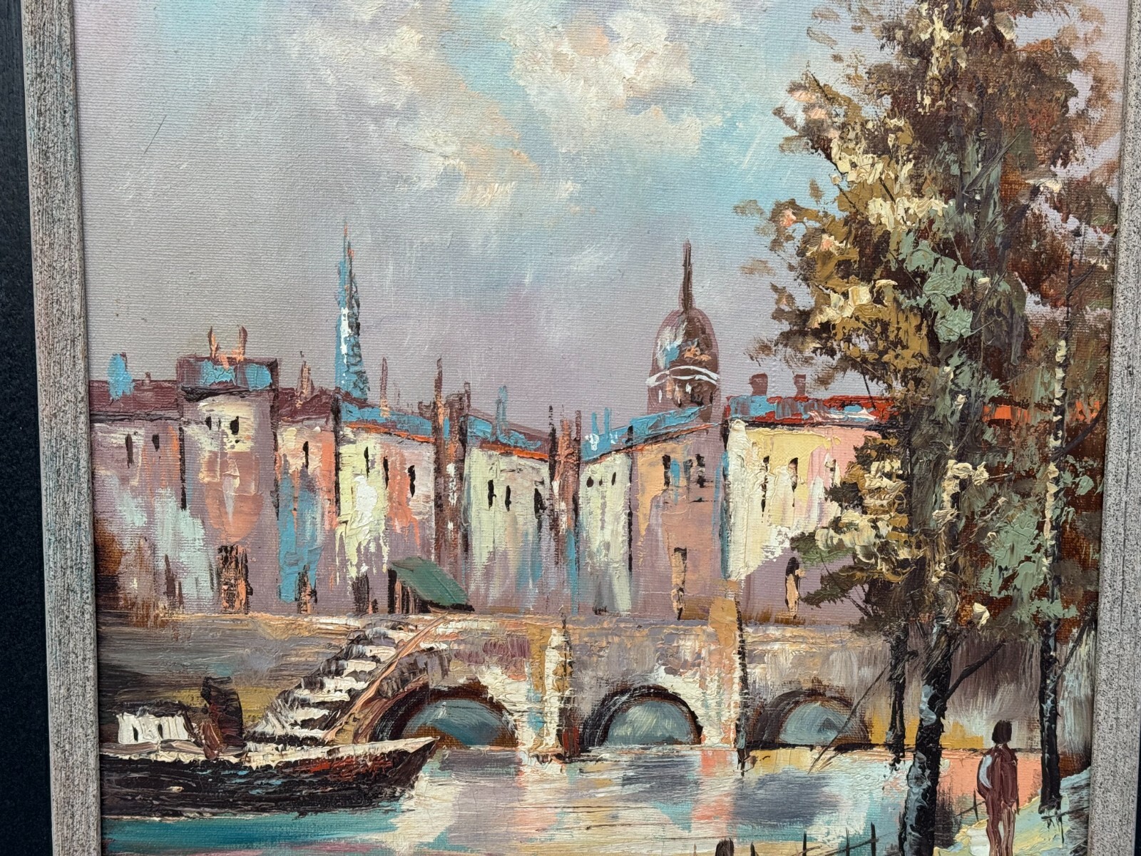 BLECK SIGNED PARIS FRANCE OIL PAINTING CITISCAPE RIVER SEINE WALKING FIGURES ART